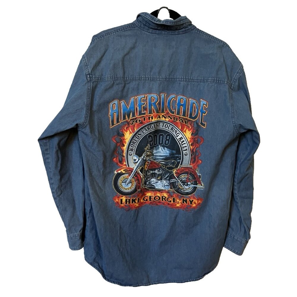Cotton Heritage Americade‎ Graphic Denim Shirt Mens M Blue Moto Biker Flame 2008